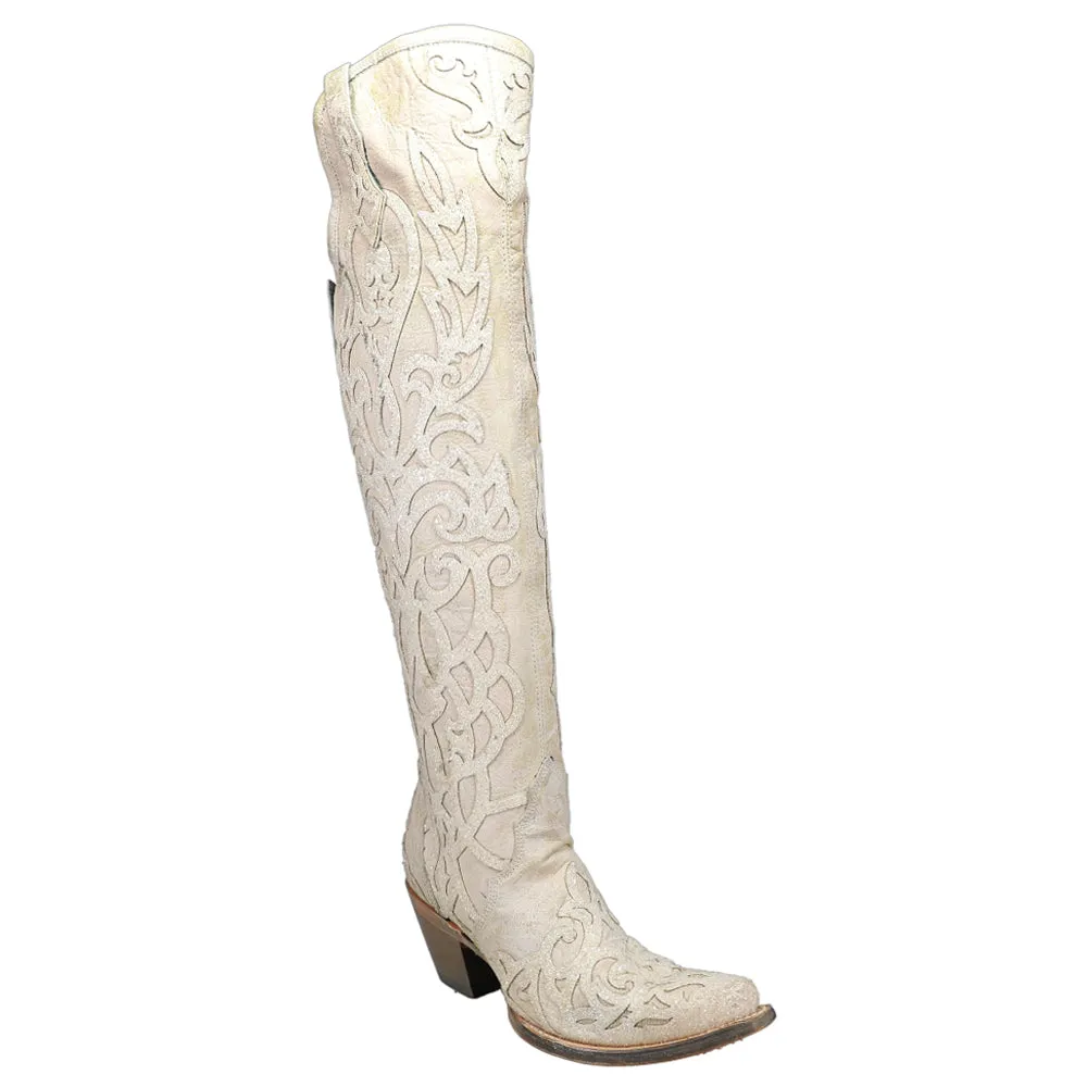 Glitter and Tooled-Inlay Knee High Snip Toe Cowboy Boots