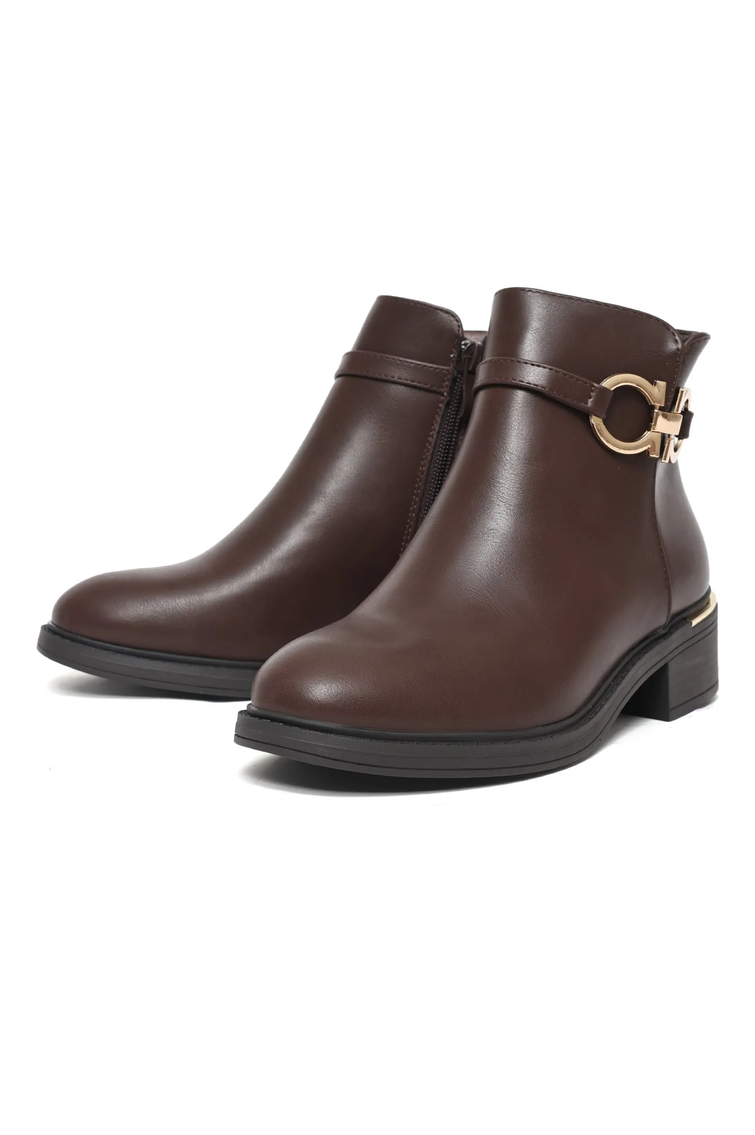 Gold Buckle Ankle Boots-Coffee