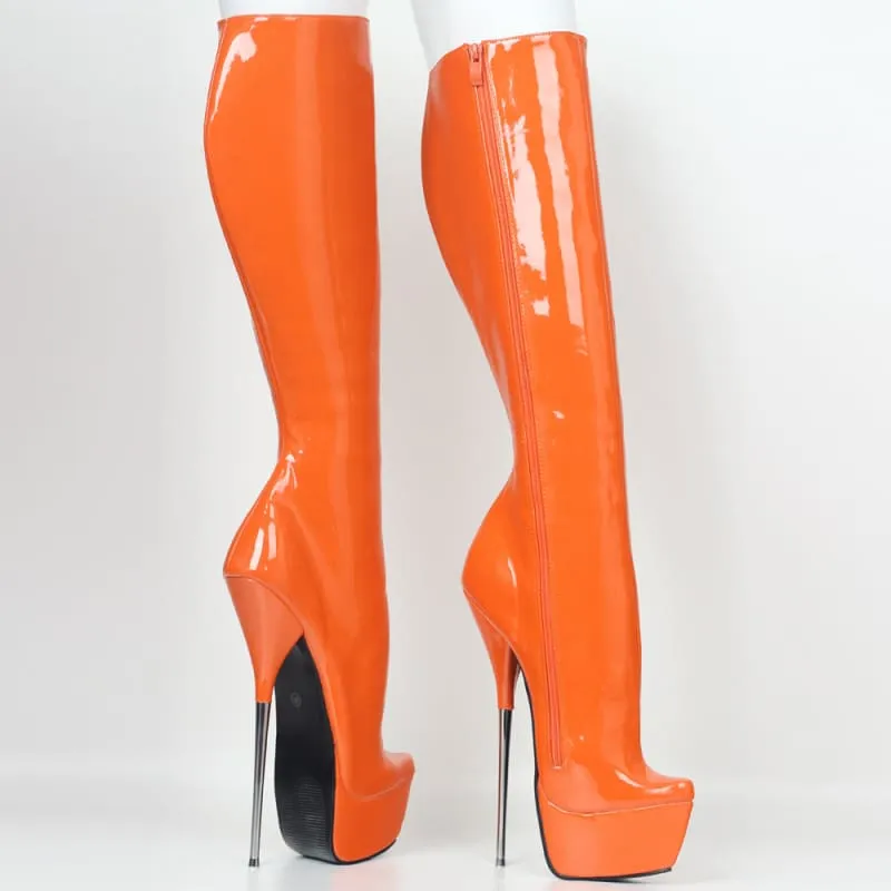 Gorgeous Orange Knee-high Stiletto Heel Boots with Metal Heels