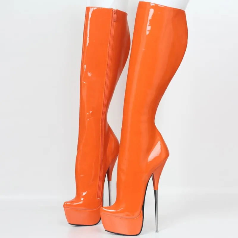 Gorgeous Orange Knee-high Stiletto Heel Boots with Metal Heels