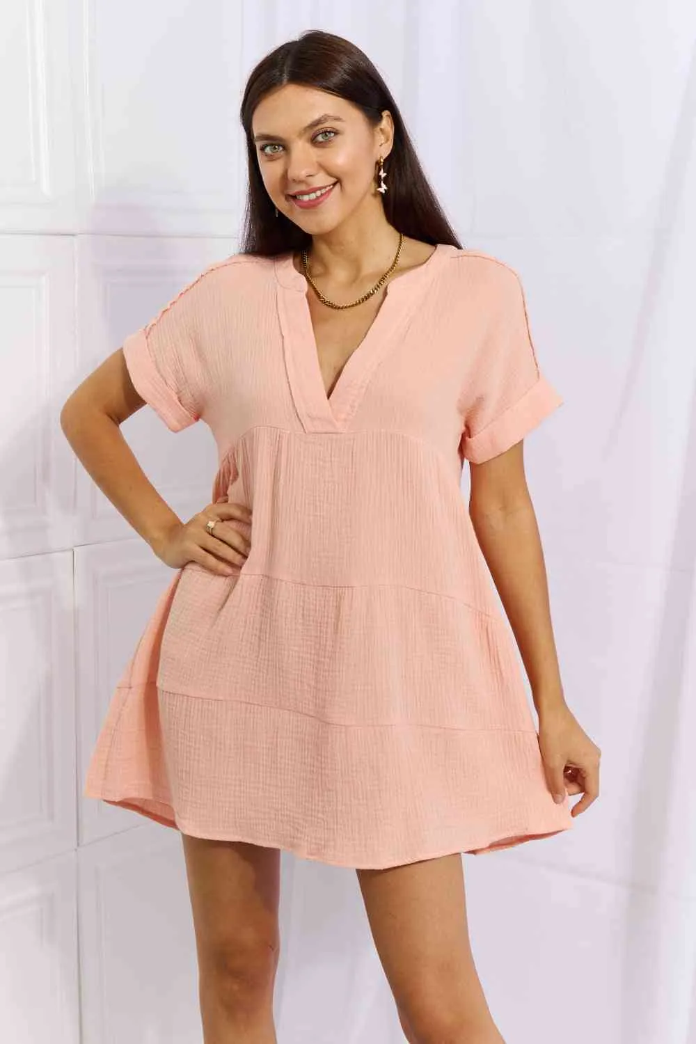 HEYSON Easy Going Full Size Gauze Tiered Ruffle Mini Dress