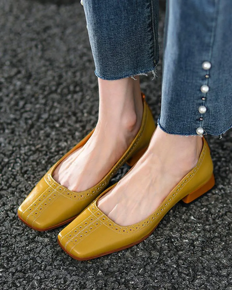 Hollow Out Square Toe Chunky Loafers