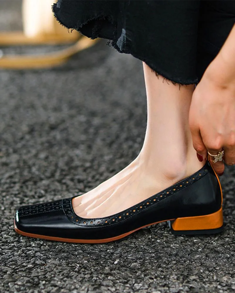 Hollow Out Square Toe Chunky Loafers