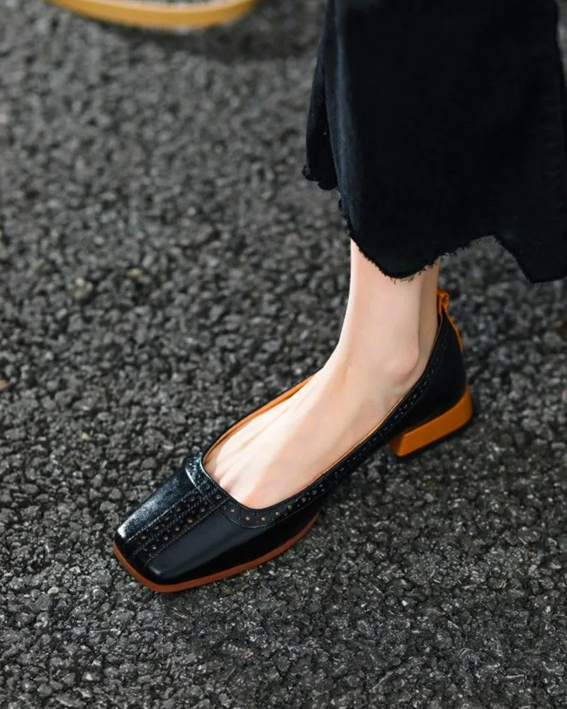 Hollow Out Square Toe Chunky Loafers