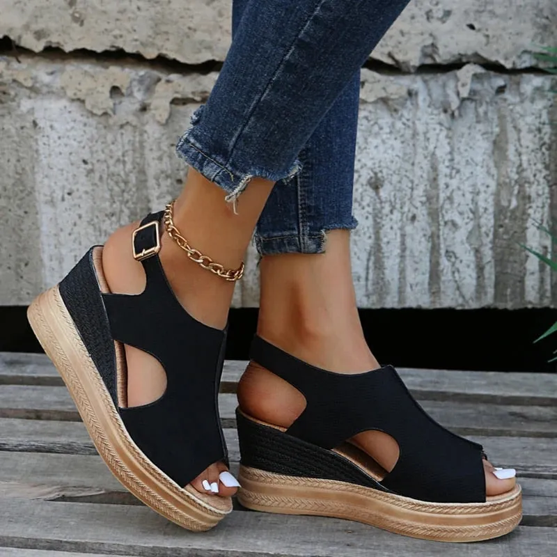 Ivyshape | Casual Buckle Wedge Sandals for Women