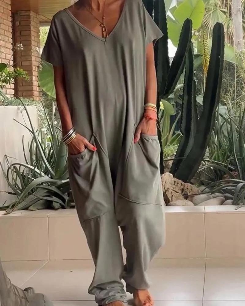 Ivyshape | Casual V-Neck Solid Color Jumpsuit