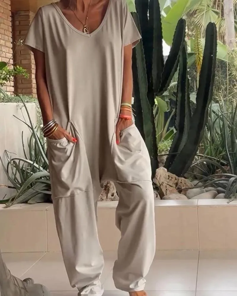 Ivyshape | Casual V-Neck Solid Color Jumpsuit