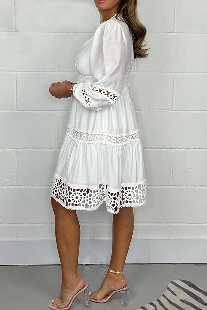 Ivyshape | Cotton Dress With V-Neckline And Lace