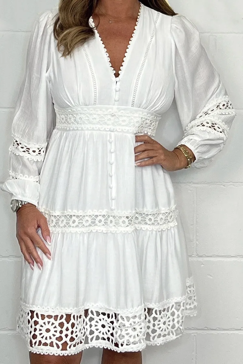 Ivyshape | Cotton Dress With V-Neckline And Lace