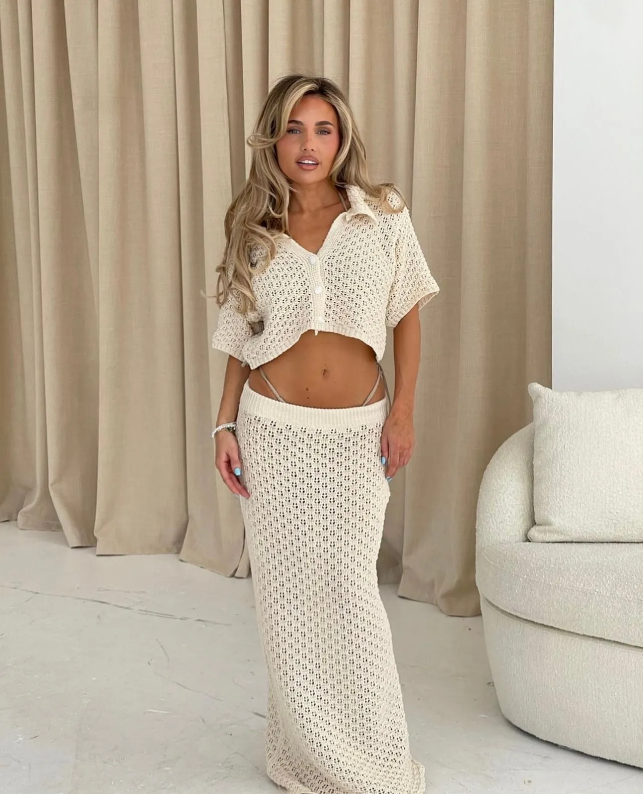 Ivyshape | Crochet Knit Skirt and Cardigan Set