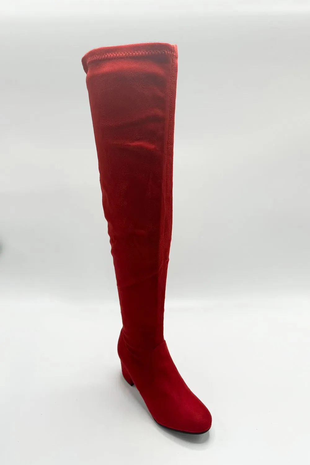 Jayda Over The Knee Block Heel Boots in Red Suede