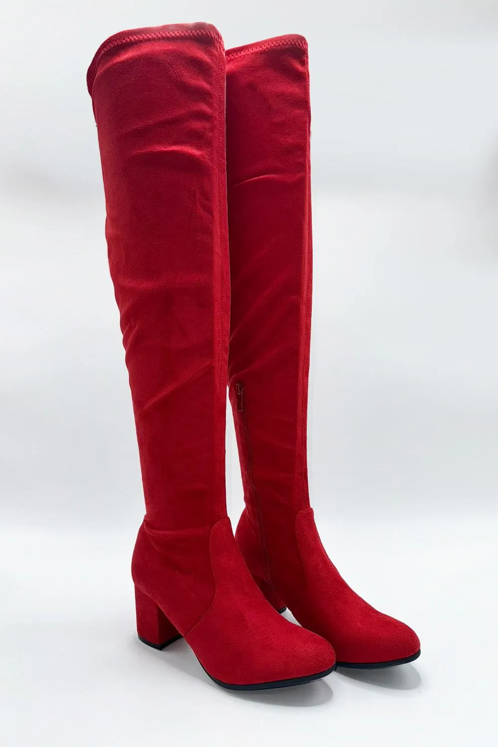 Jayda Over The Knee Block Heel Boots in Red Suede