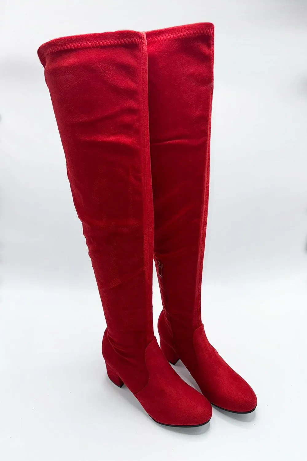 Jayda Over The Knee Block Heel Boots in Red Suede