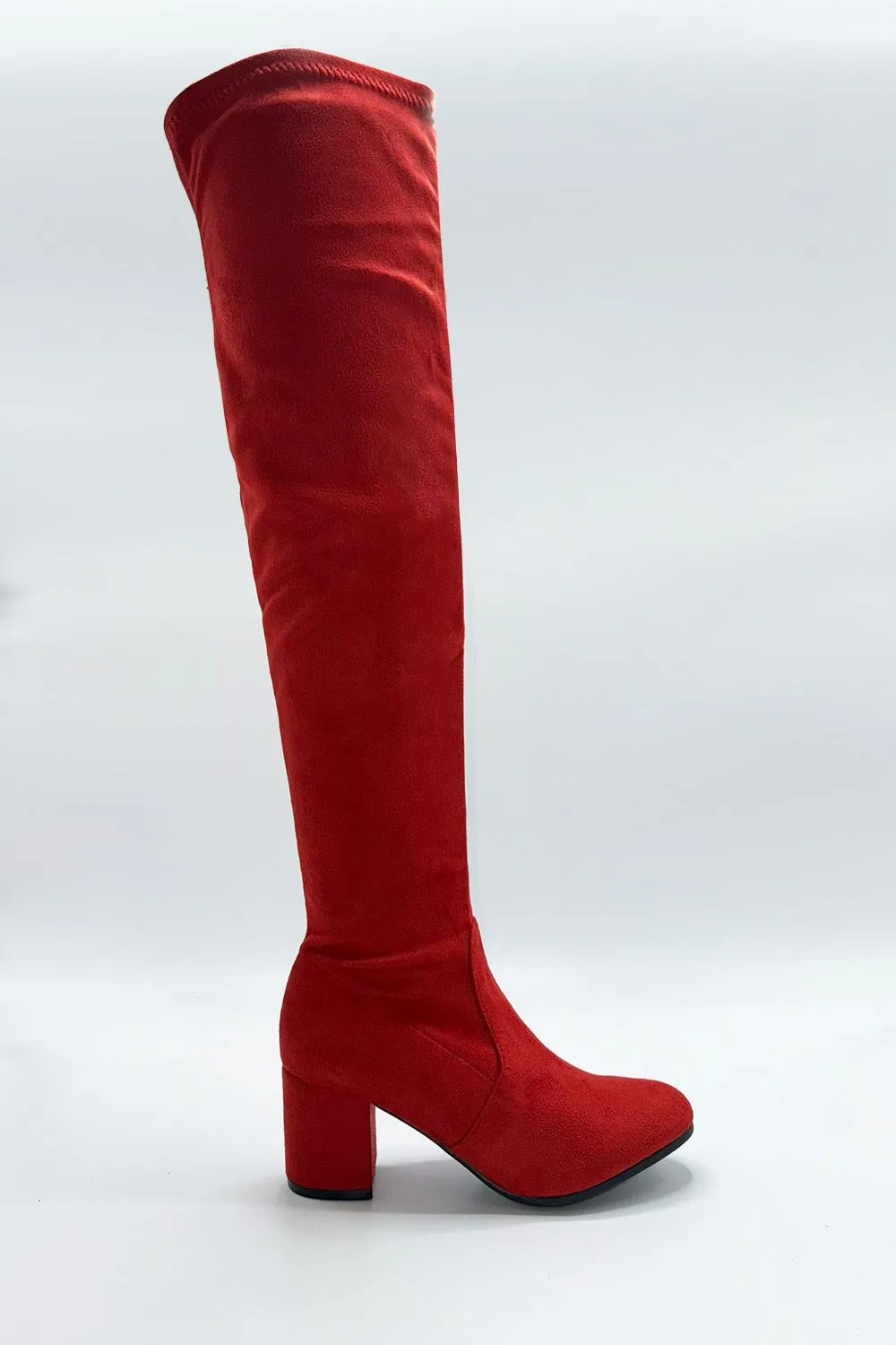 Jayda Over The Knee Block Heel Boots in Red Suede