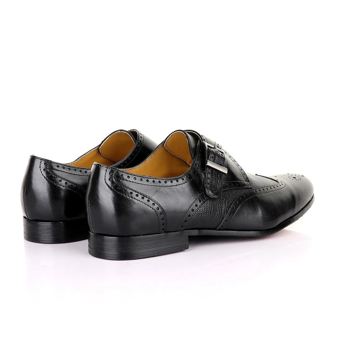 John Mendson Single Strap Lace Brogues Buckle  Leather Black Shoe