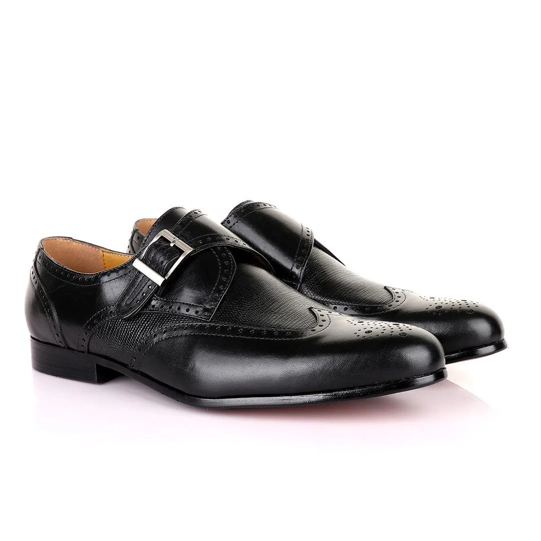 John Mendson Single Strap Lace Brogues Buckle  Leather Black Shoe