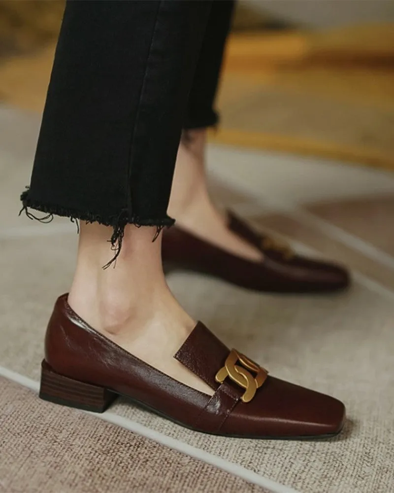 Link Chain Square Toe Slit Loafers