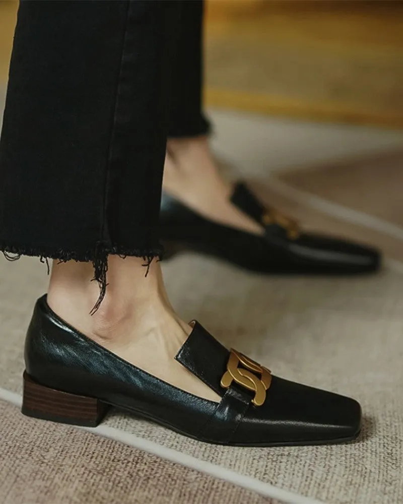 Link Chain Square Toe Slit Loafers