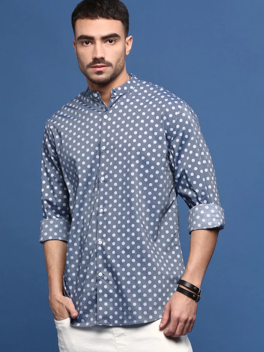 Men Grey Polka Dots Slim Fit Shirt