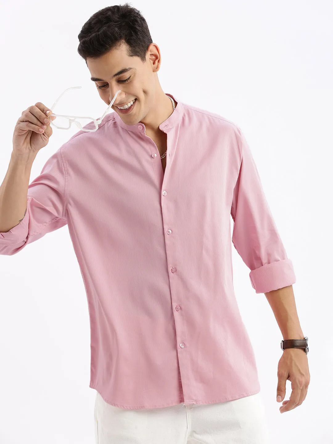 Men Mandarin Collar Solid Slim Fit Pink Shirt