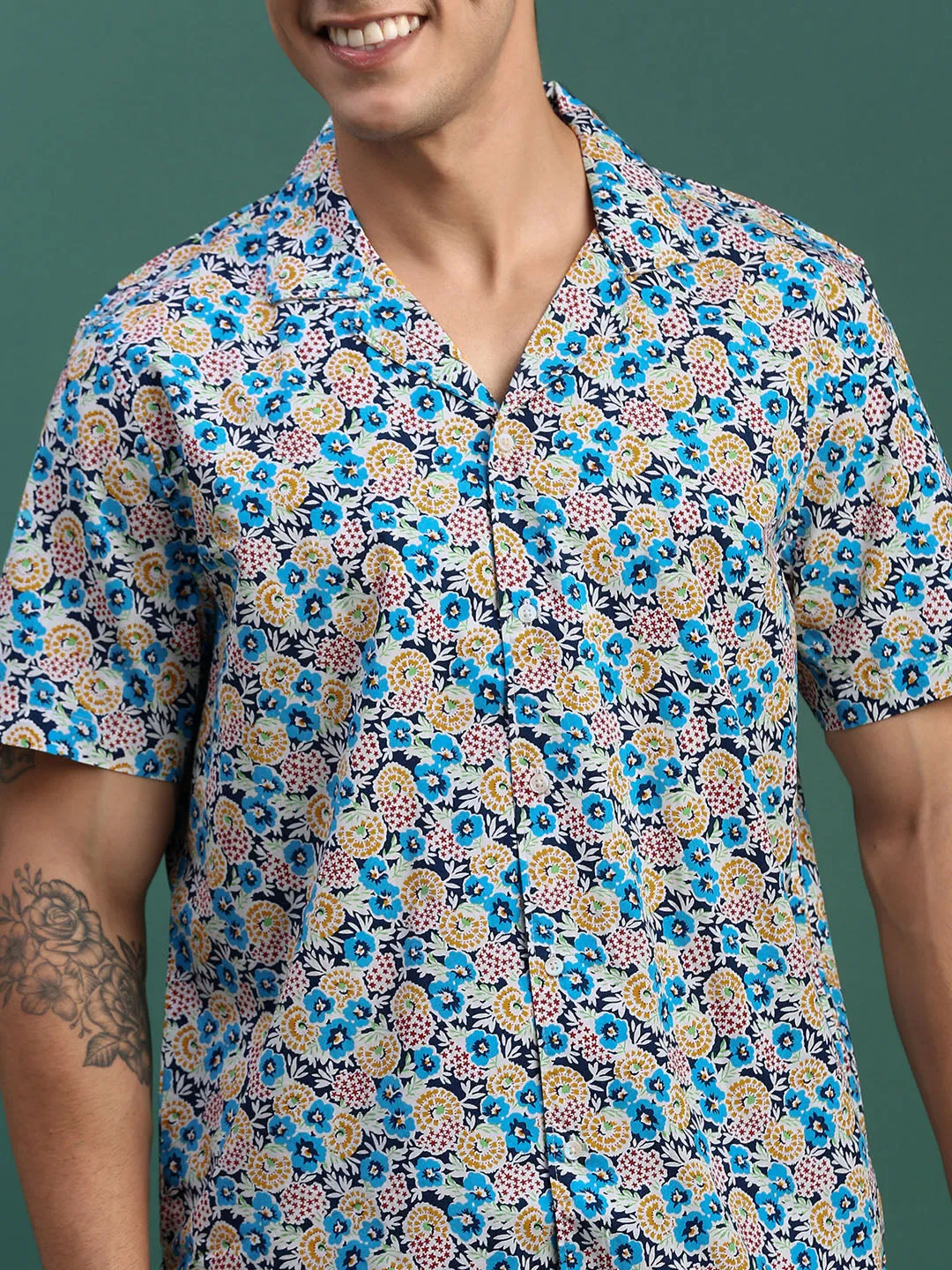 Men Printed Cuban Collar Blue Relaxed Fit Co Ords Set