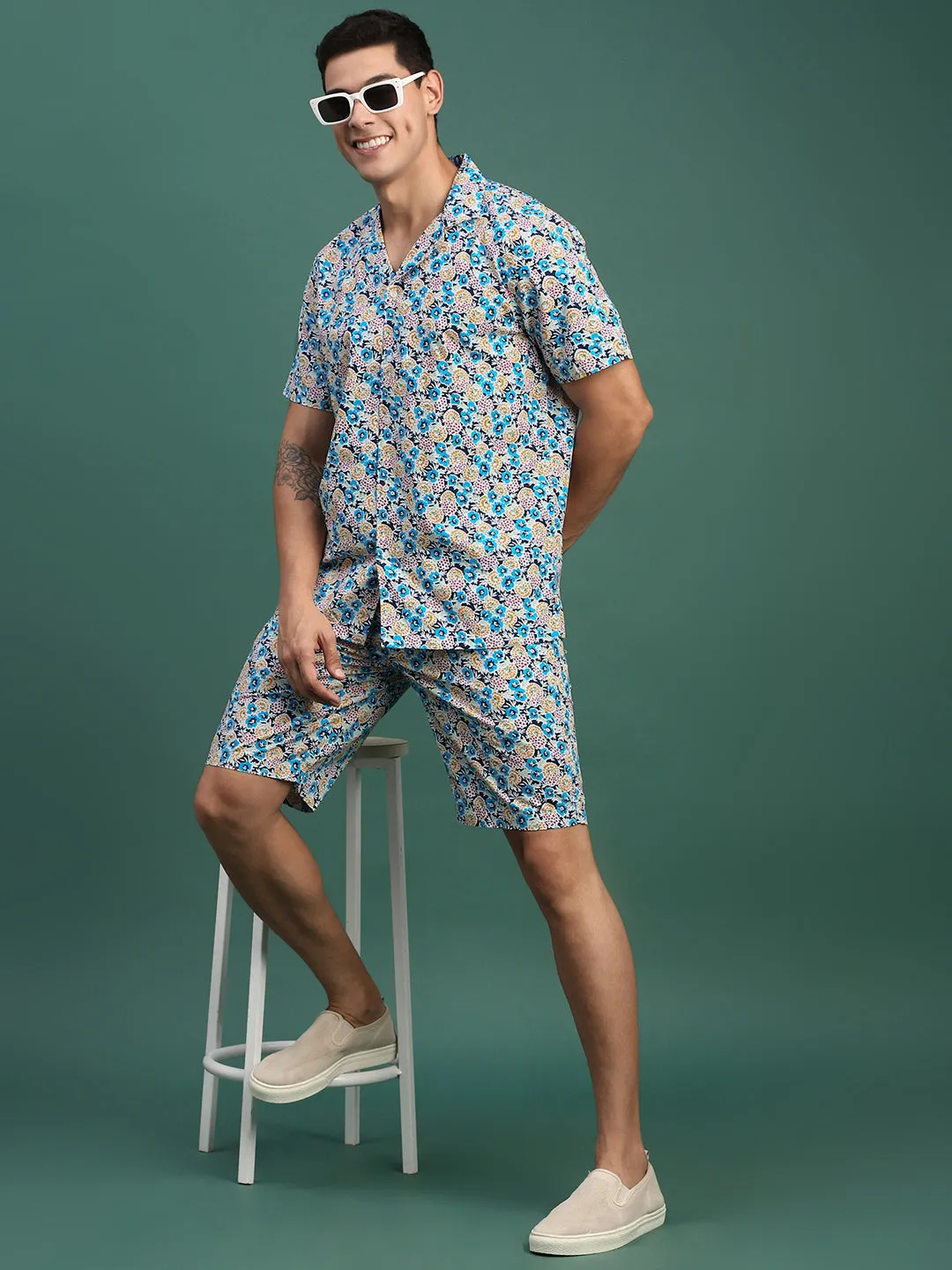 Men Printed Cuban Collar Blue Relaxed Fit Co Ords Set