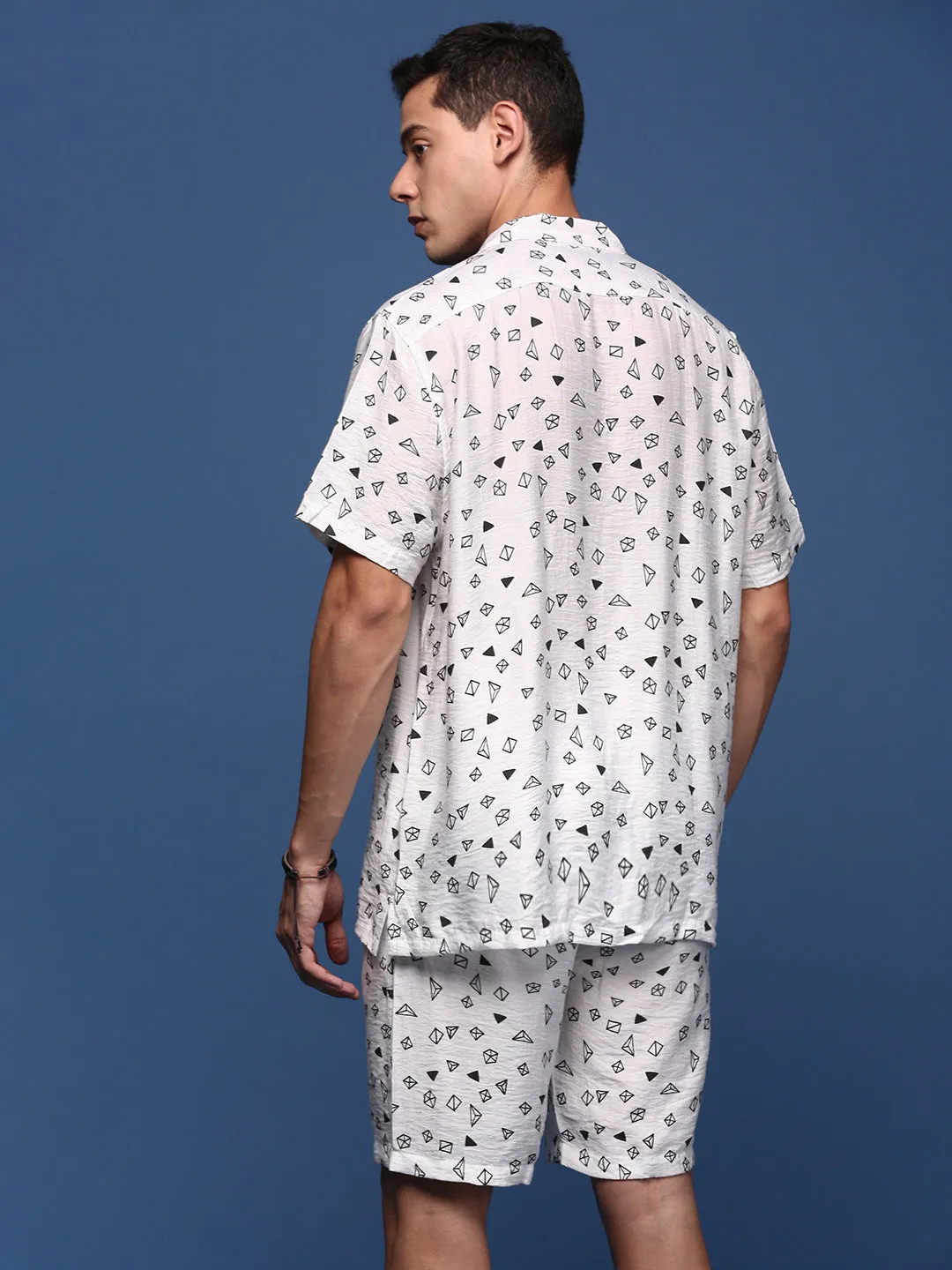 Men Printed Cuban Collar White Relaxed Fit Co-Ords Set