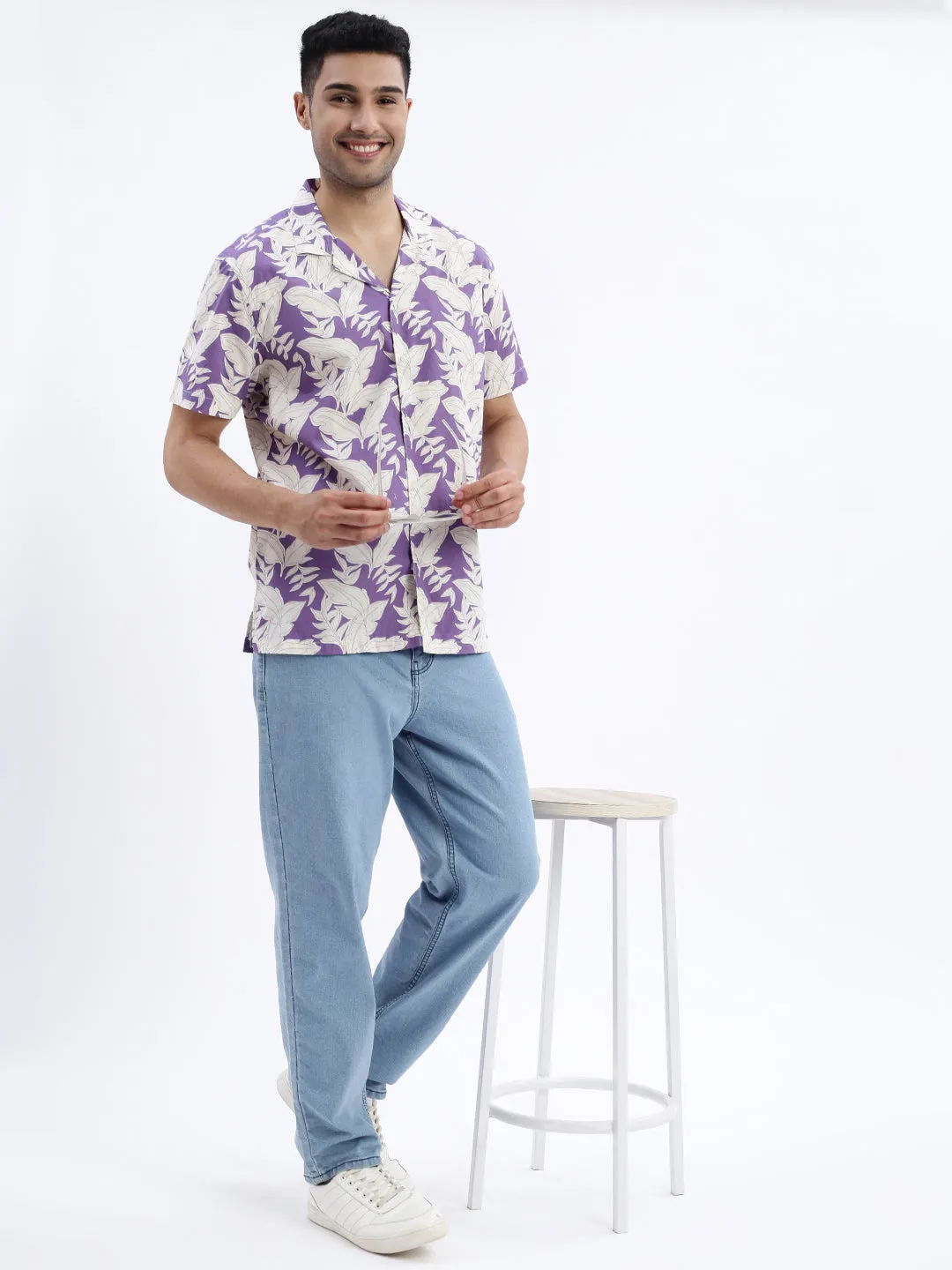 Men Purple Floral Cuban Collar Shirt