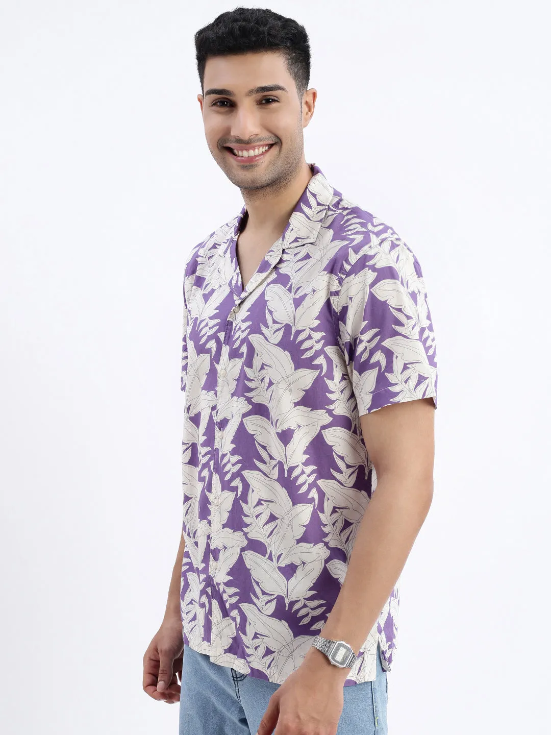 Men Purple Floral Cuban Collar Shirt