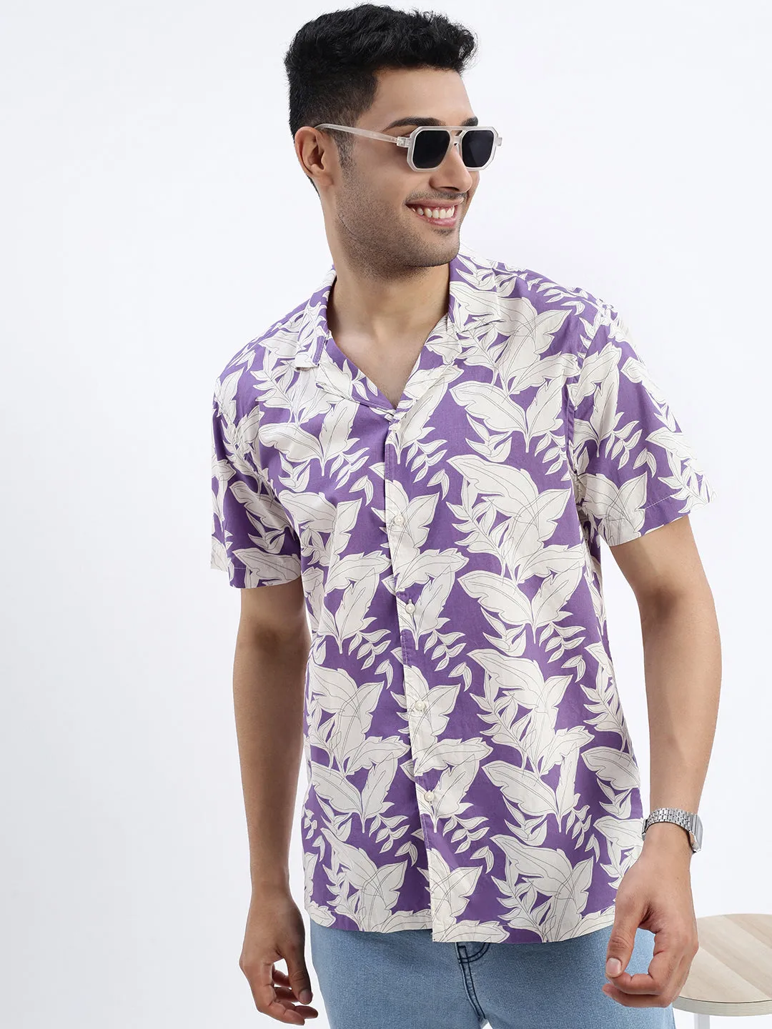 Men Purple Floral Cuban Collar Shirt