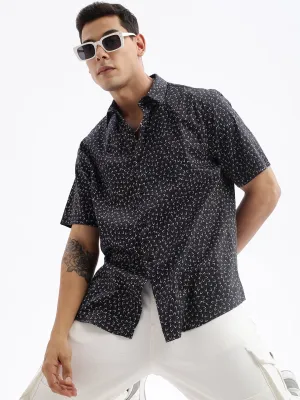 Men Spread Collar Floral Slim Fit Black Shirt