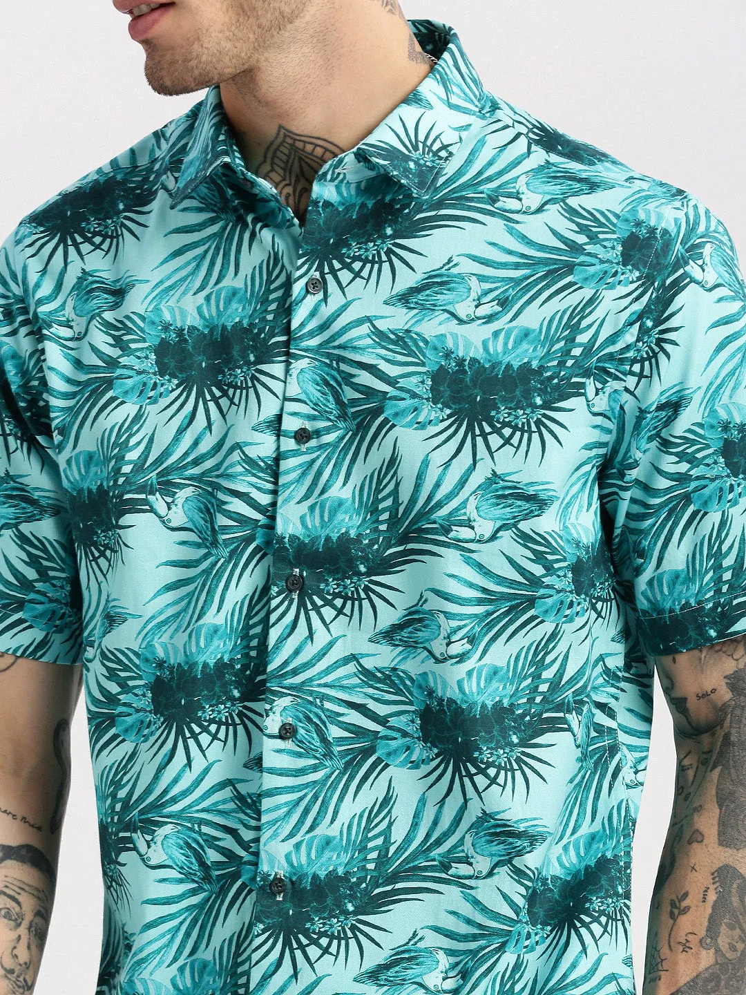 Men Spread Collar Floral Turquoise Blue Casual Shirt