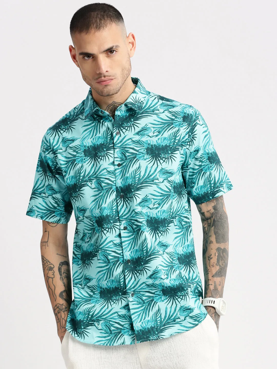 Men Spread Collar Floral Turquoise Blue Casual Shirt