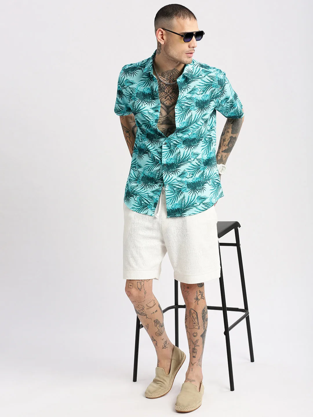 Men Spread Collar Floral Turquoise Blue Casual Shirt