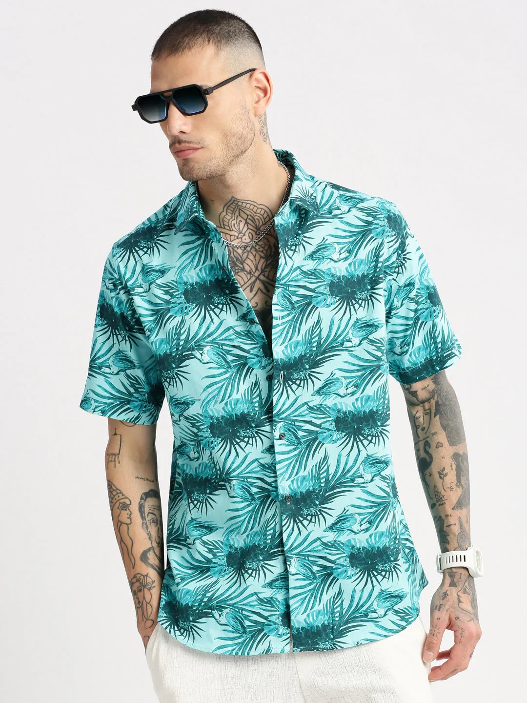 Men Spread Collar Floral Turquoise Blue Casual Shirt