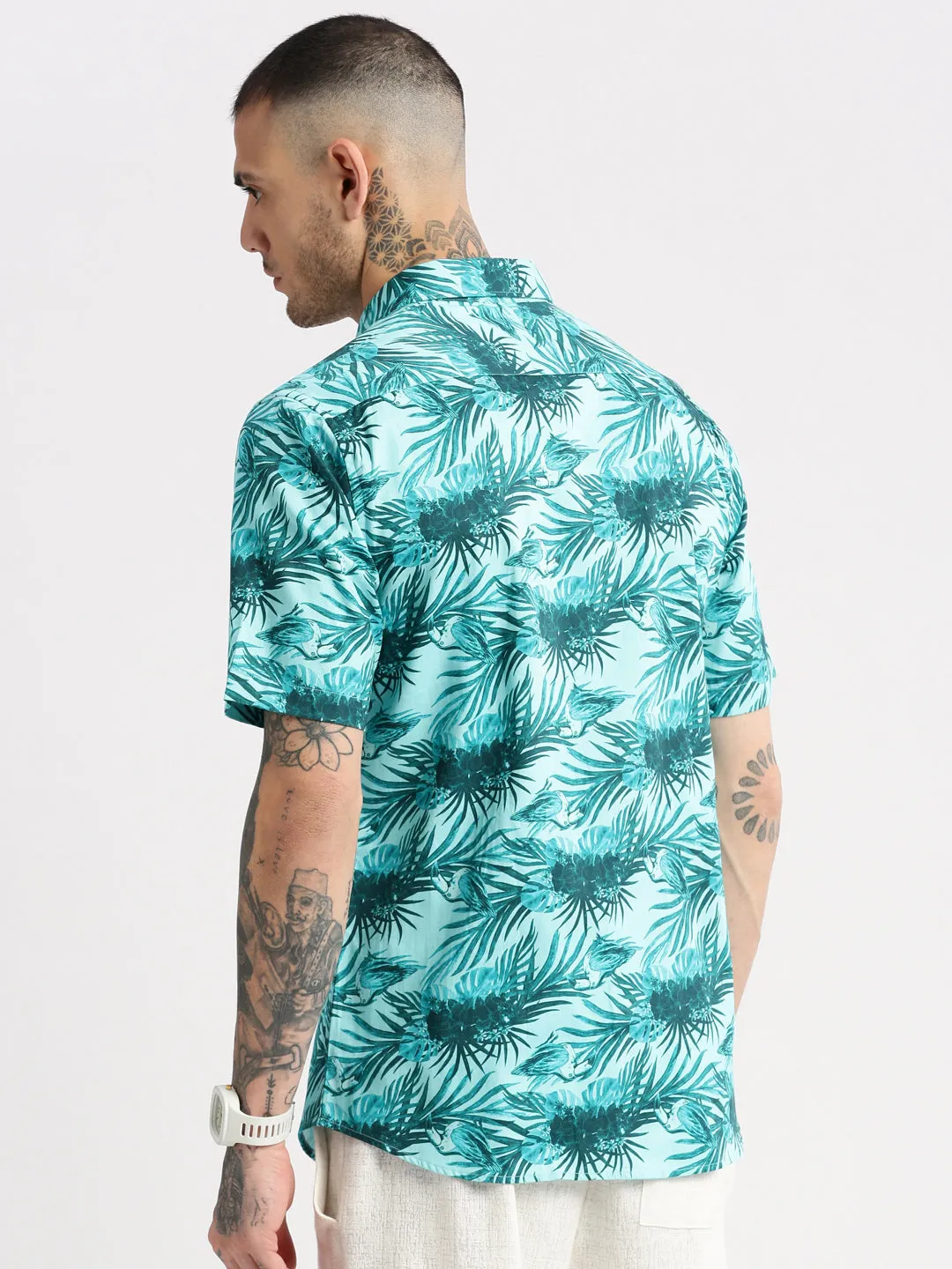 Men Spread Collar Floral Turquoise Blue Casual Shirt