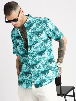 Men Spread Collar Floral Turquoise Blue Casual Shirt