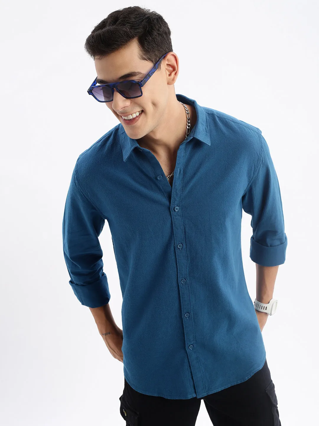 Men Spread Collar Solid Slim Fit Teal Shirt