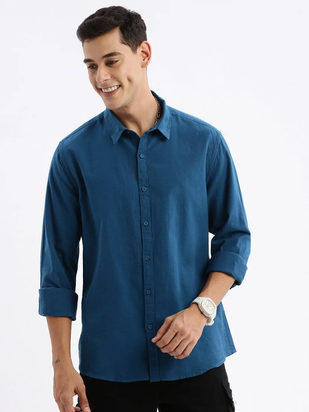 Men Spread Collar Solid Slim Fit Teal Shirt