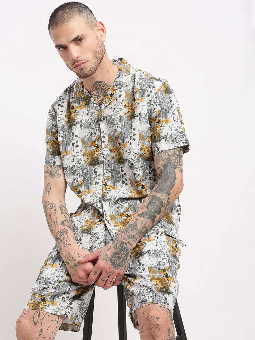 Men Tropical Cuban Collar Grey Co-Ords Set