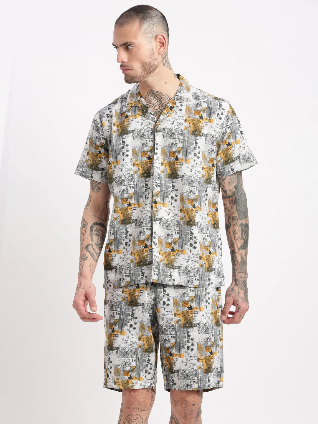 Men Tropical Cuban Collar Grey Co-Ords Set