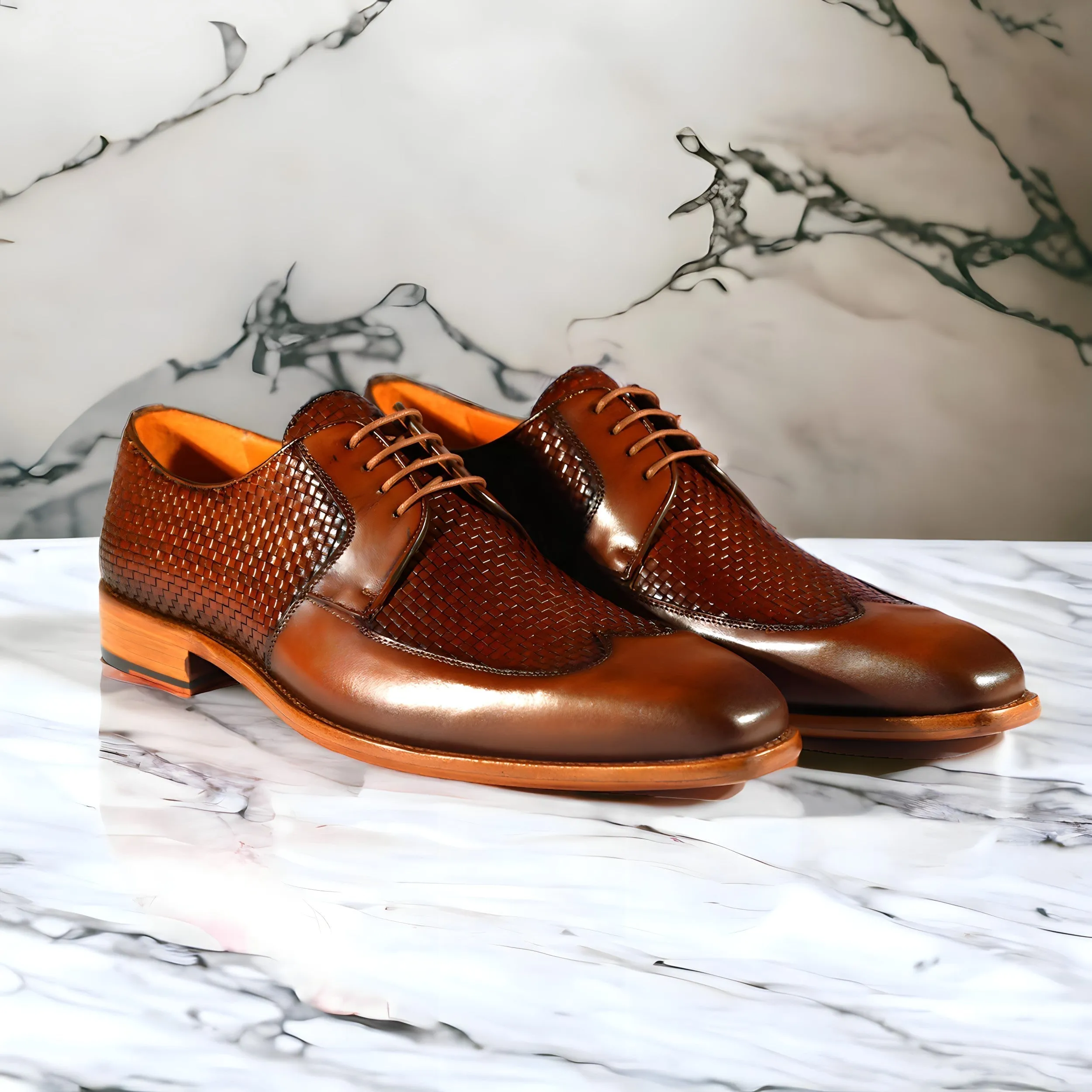 Mezlan 9916 Men's Shoes Cognac Woven / Calf-Skin Leather Opanka Derby Oxfords (MZS3473)