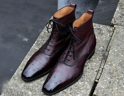 New Men's Handmade Burgundy Brogues Leather Ankle High Lace Up Boots