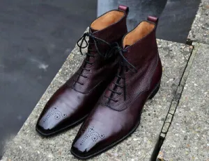 New Men's Handmade Burgundy Brogues Leather Ankle High Lace Up Boots