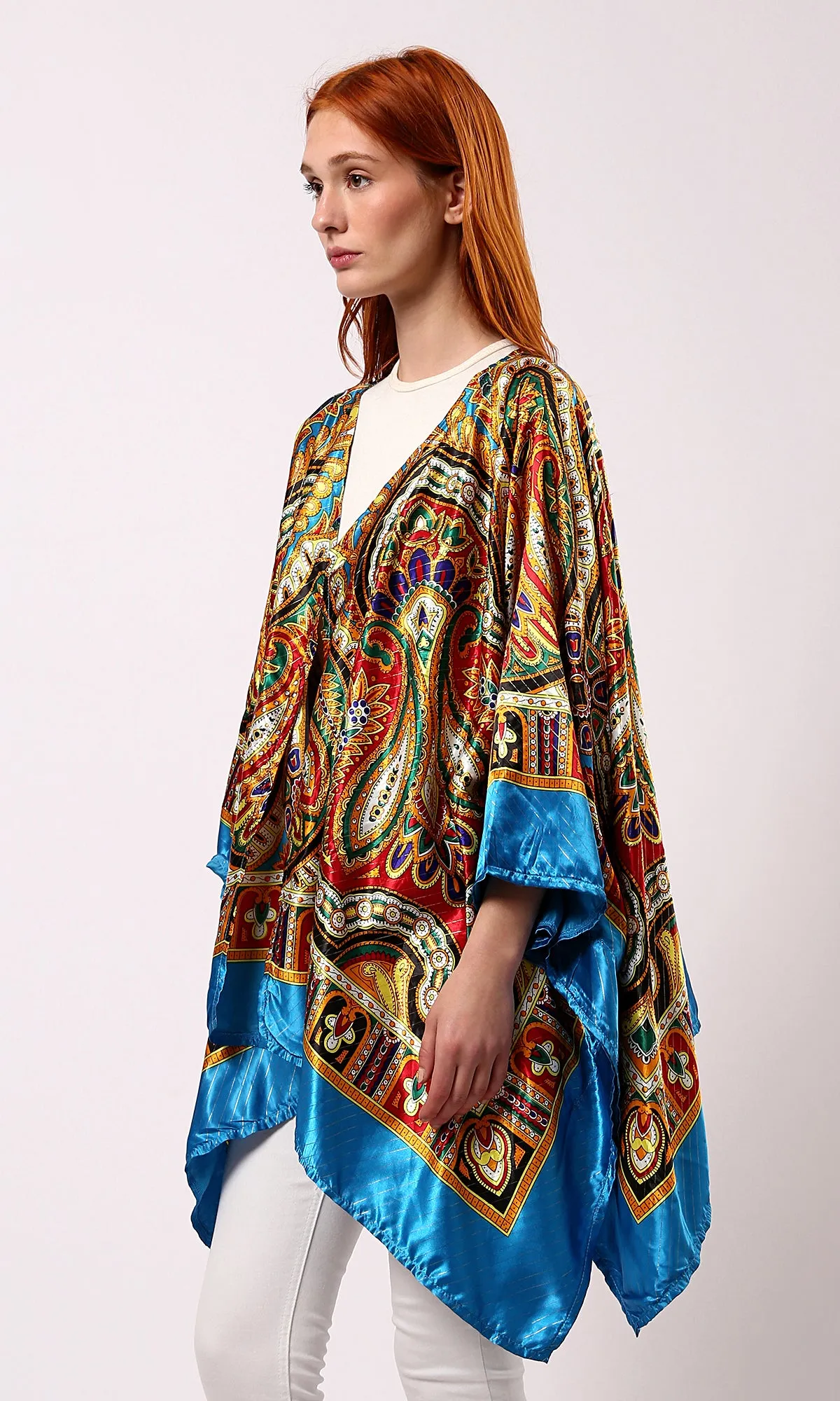 O182853 Turquoise & Yellow Wide Long Sleeves Stain Cardigan