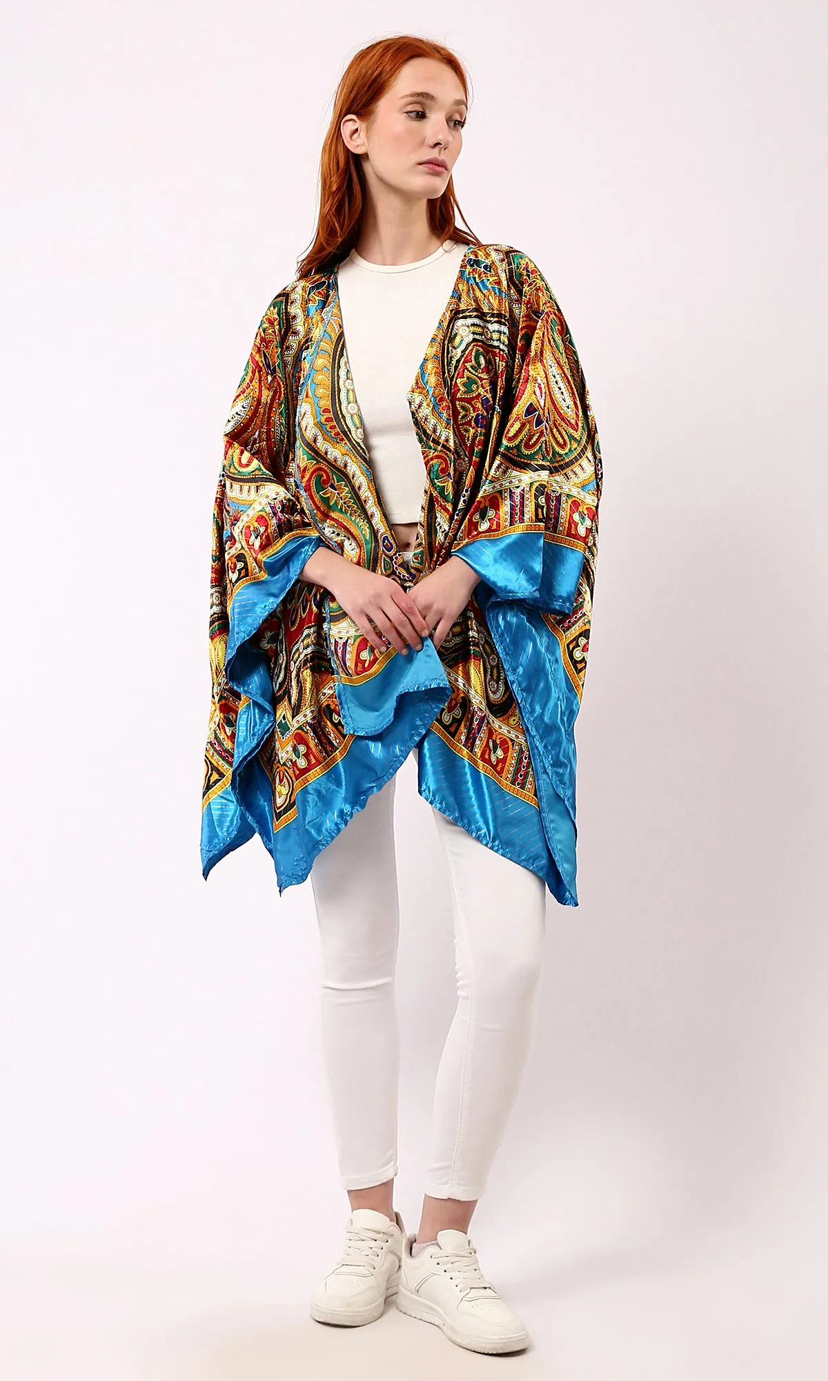 O182853 Turquoise & Yellow Wide Long Sleeves Stain Cardigan