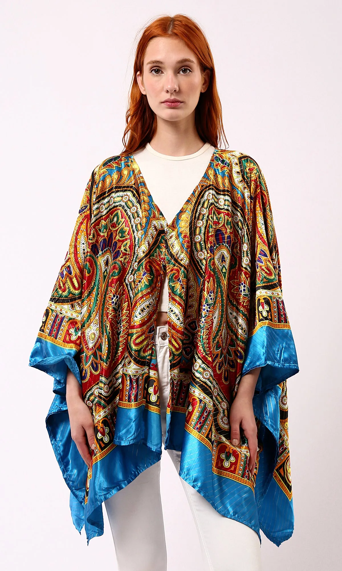 O182853 Turquoise & Yellow Wide Long Sleeves Stain Cardigan