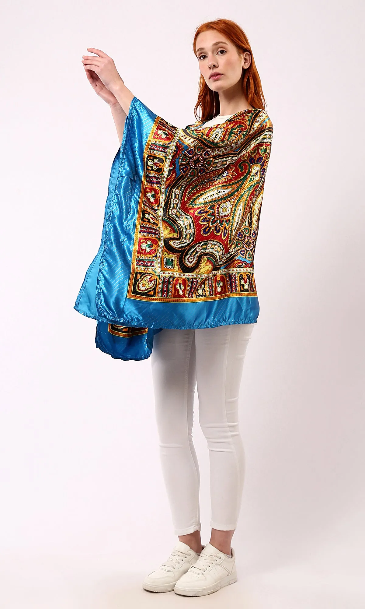 O182853 Turquoise & Yellow Wide Long Sleeves Stain Cardigan