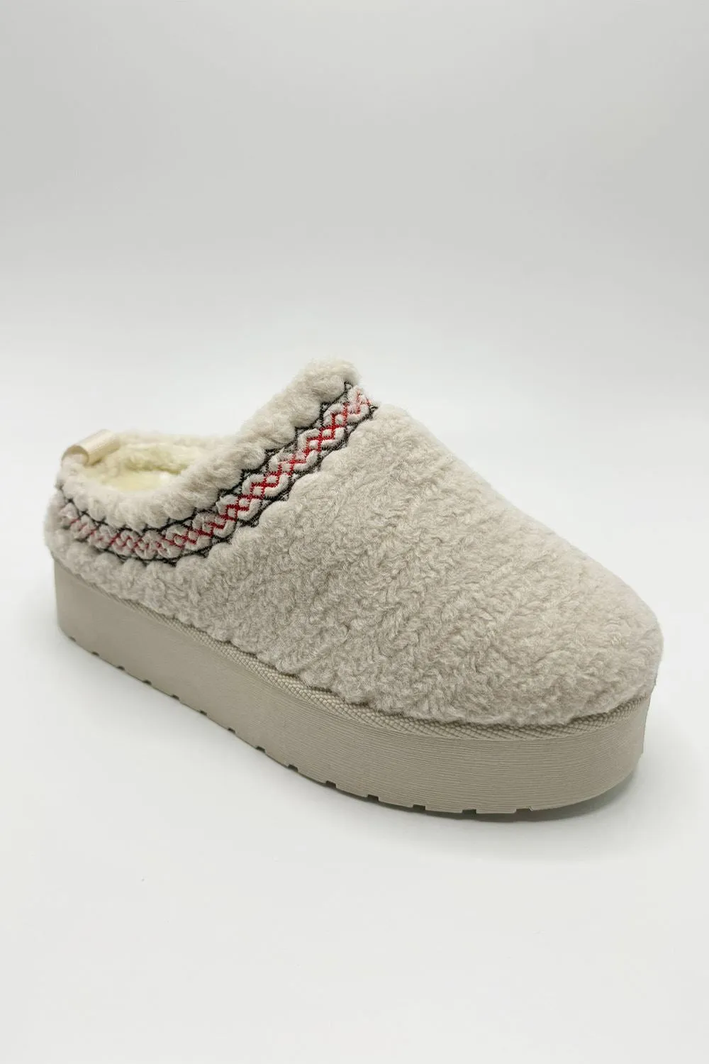 Ovellas Teddy Fabric Flatform Cosy Slippers in Beige