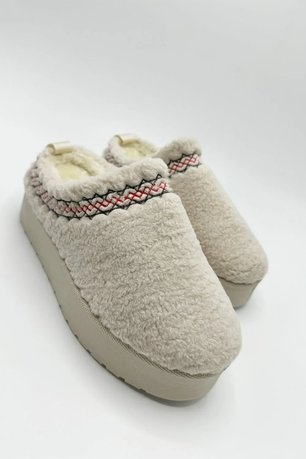 Ovellas Teddy Fabric Flatform Cosy Slippers in Beige